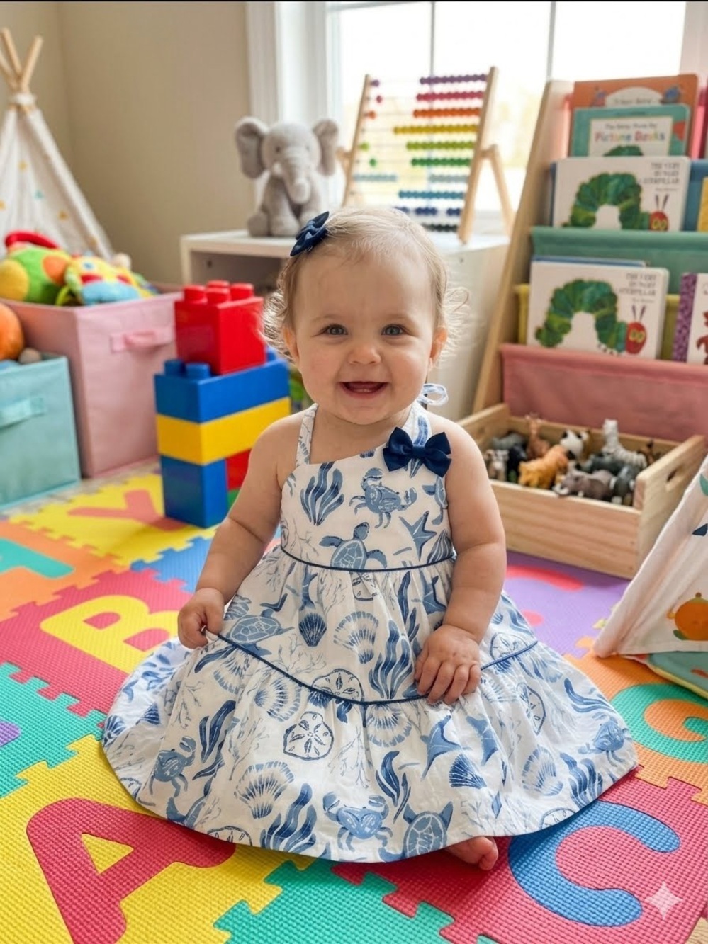 Rachel Zoe 3T Baby Girl Nautical Crab  Turtle Print Blue Tiered Coastal Dress